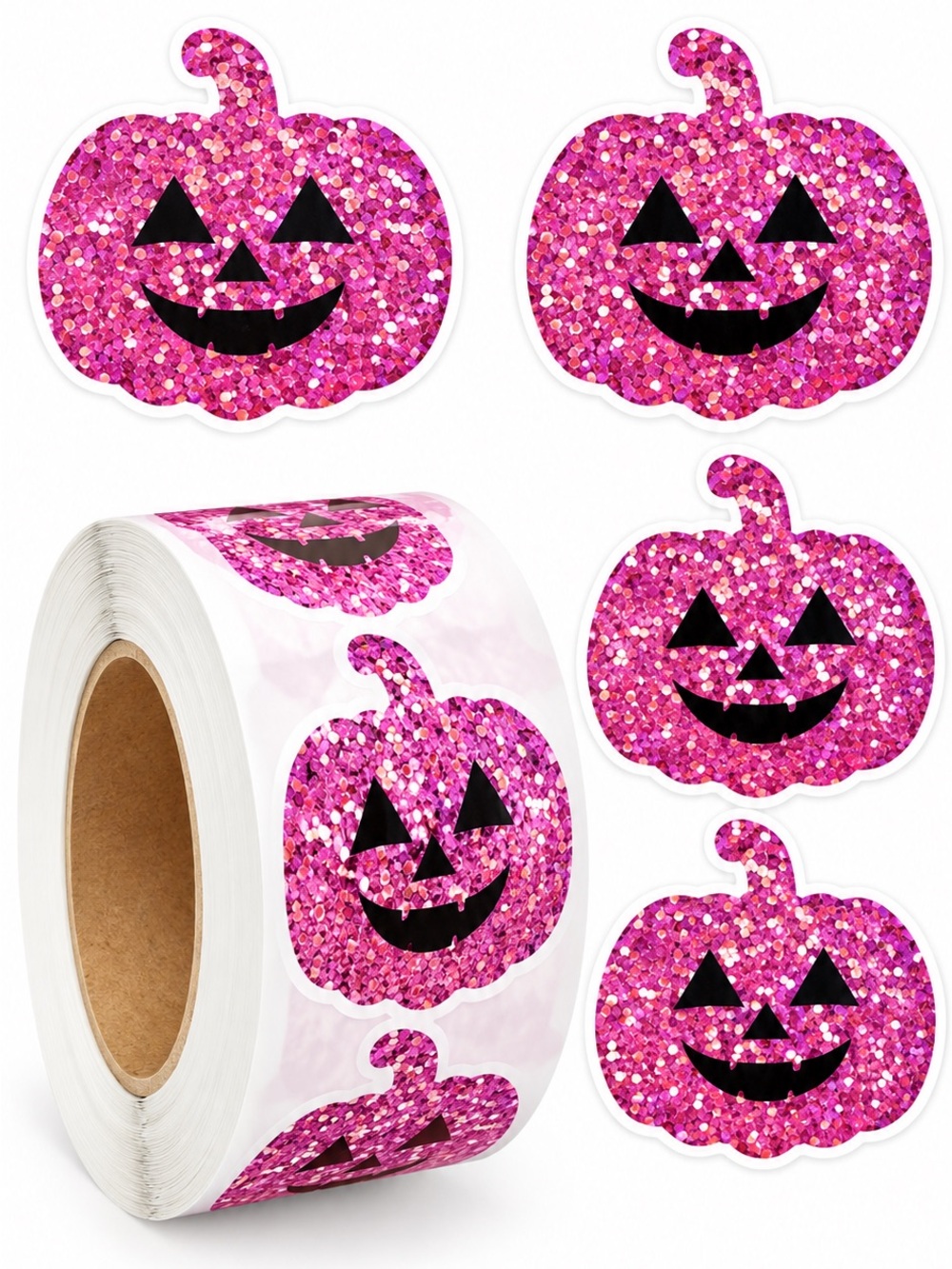 500 Pink Glitter Pumpkin Halloween Stickers Jack O’ Lantern Labels NEW